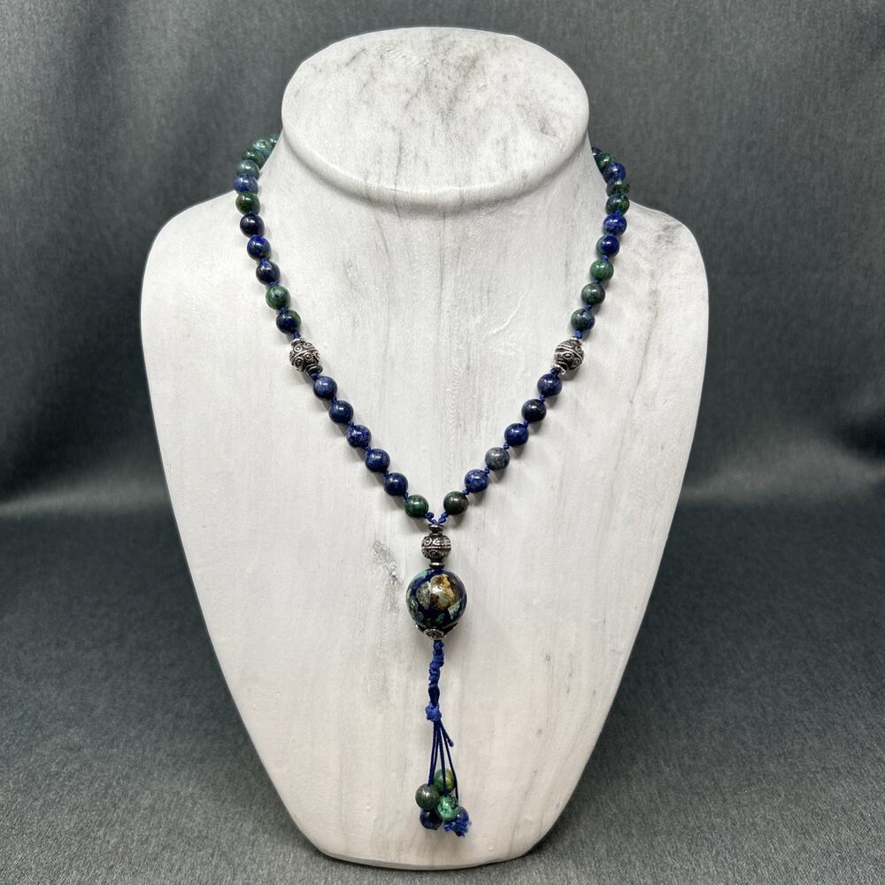 108 Mala Beads Natural Lapis Lazuli Stone Lotus Charm Necklace Mind Peace 27"
